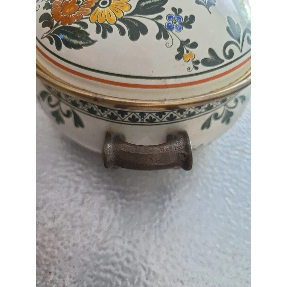 Vintage ASTA Floral Metal Enamel  Lidded Pot Casserole Dish with Rack